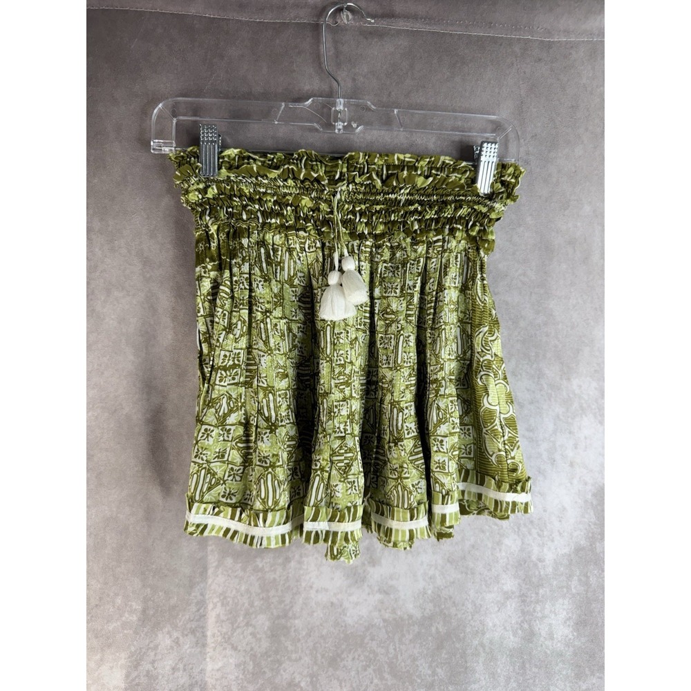 Poupette St Barth Silk Smocked Pleated Floral Mini Skirt In Green Size 1 Small